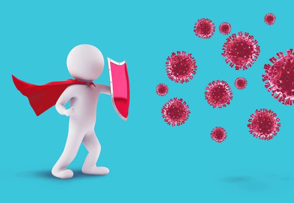oral health and immune system, cartoon in cape shielding off germs